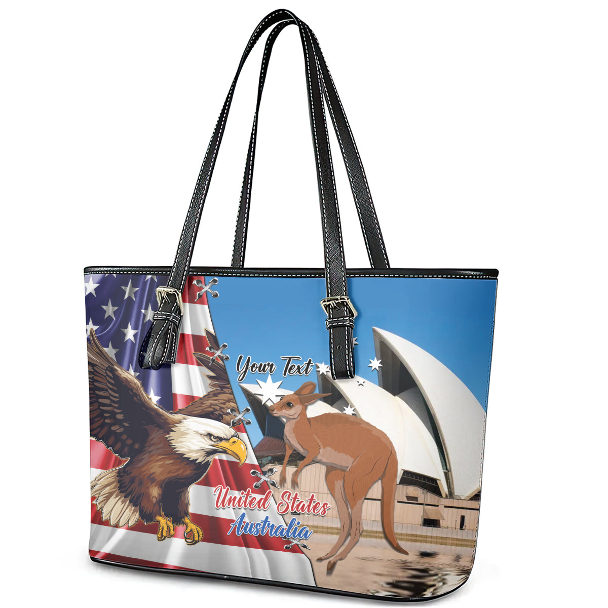 Personalised United States And Australia Leather Tote Bag USA Eagle With Aussie Kangaroo