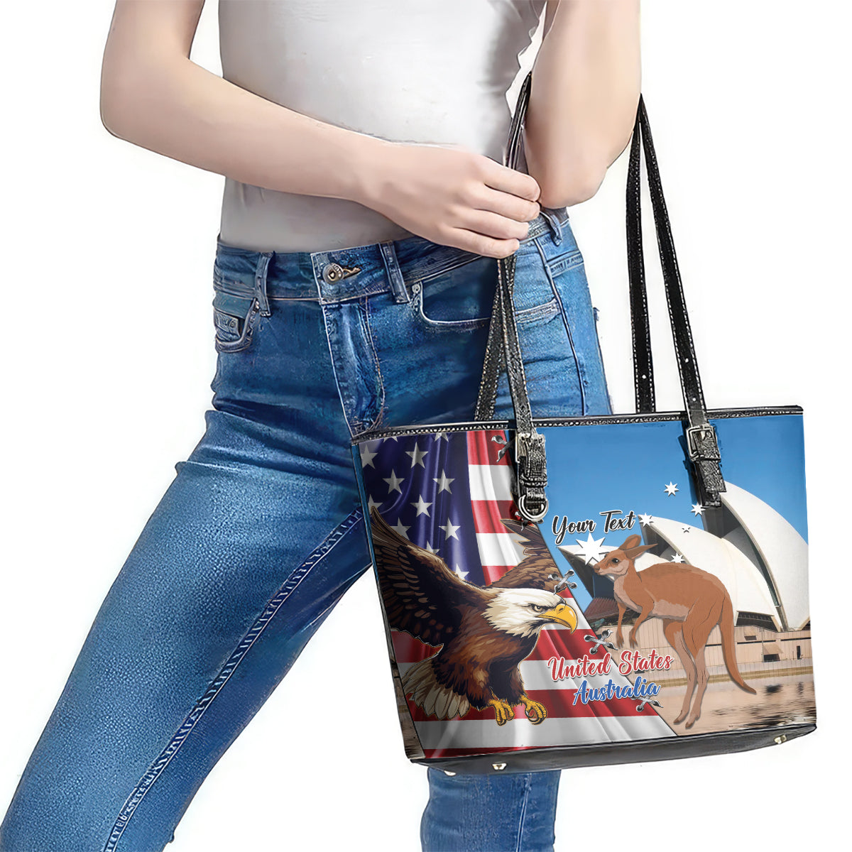 Personalised United States And Australia Leather Tote Bag USA Eagle With Aussie Kangaroo