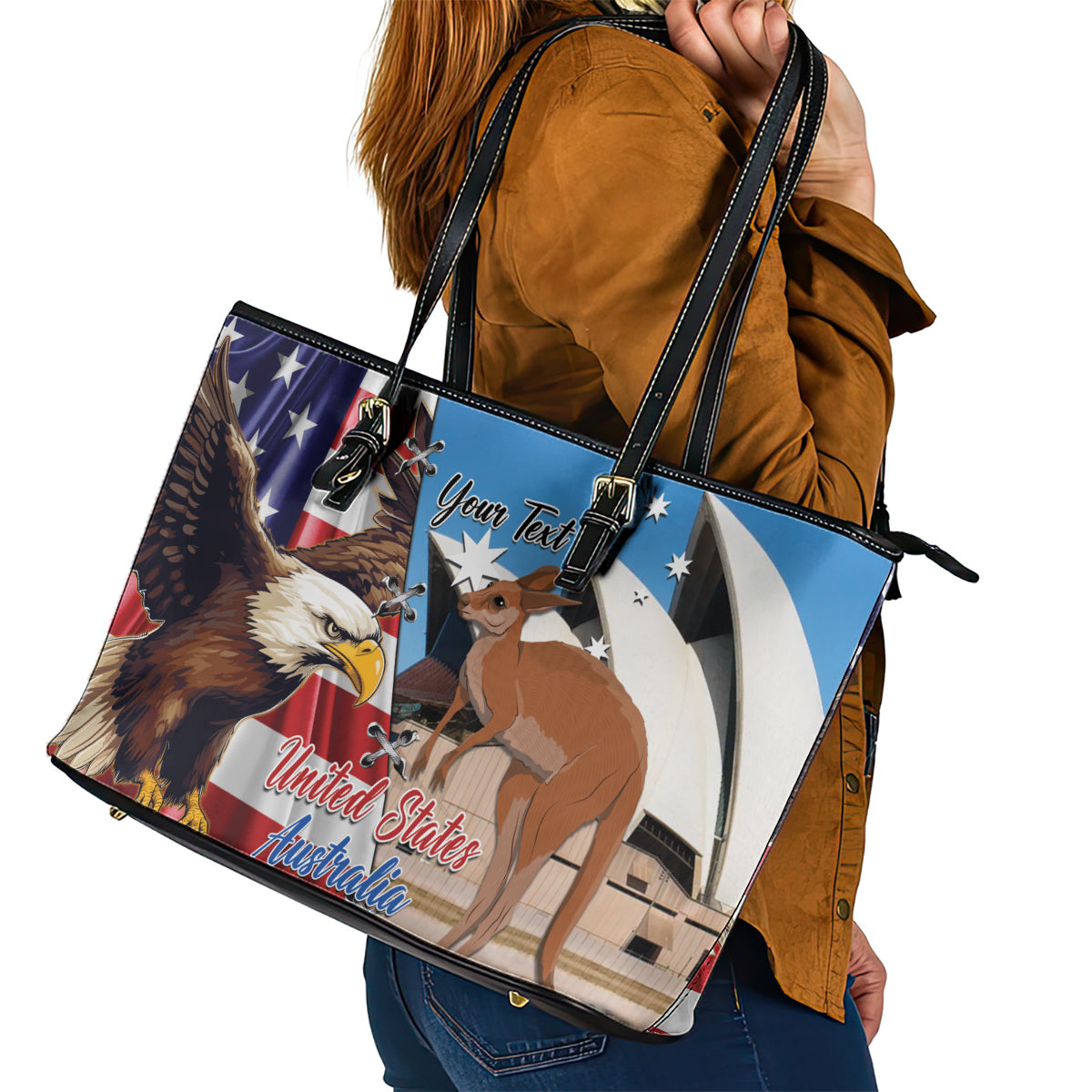 Personalised United States And Australia Leather Tote Bag USA Eagle With Aussie Kangaroo