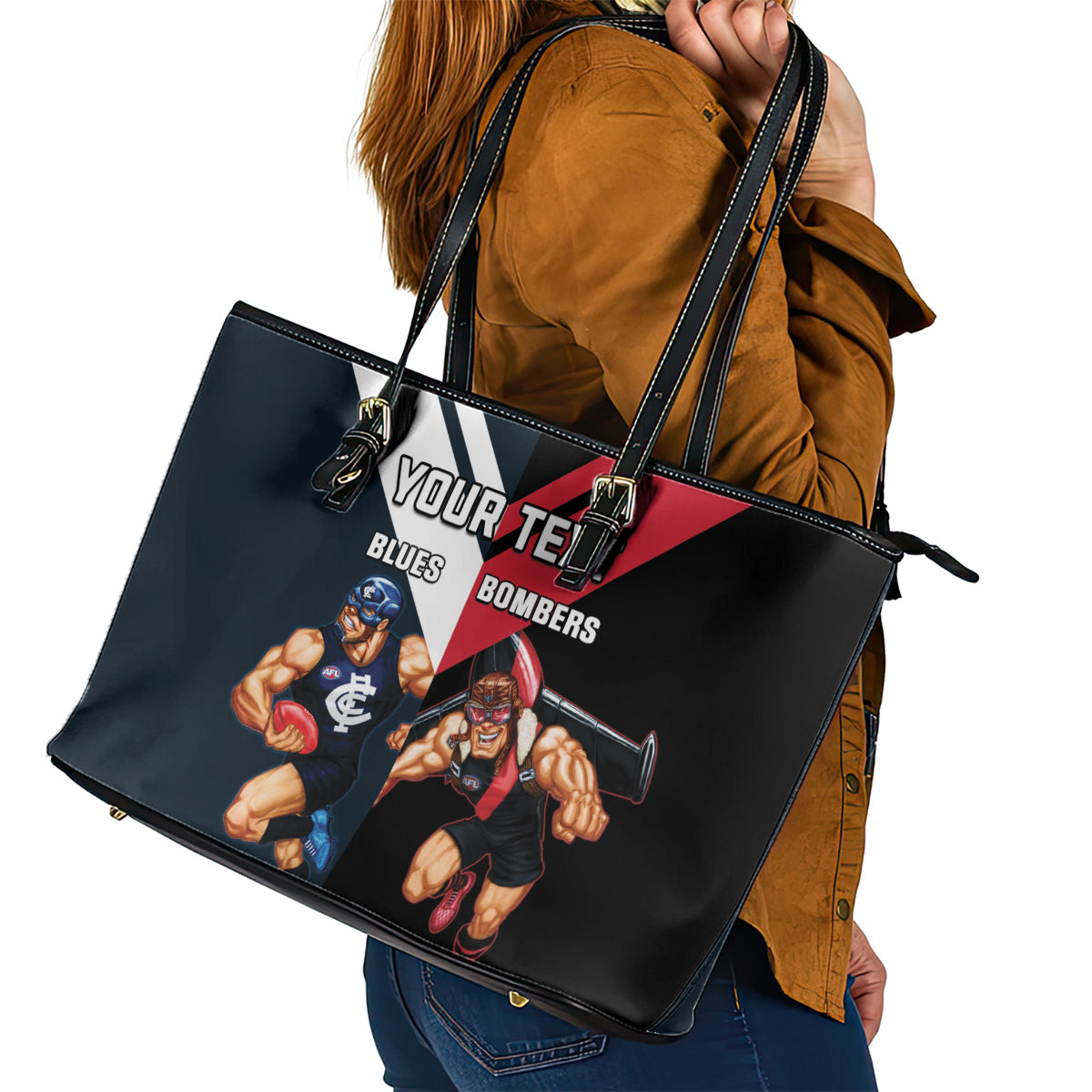 Custom Blues And Bombers Football Leather Tote Bag 2024 Together Sporty