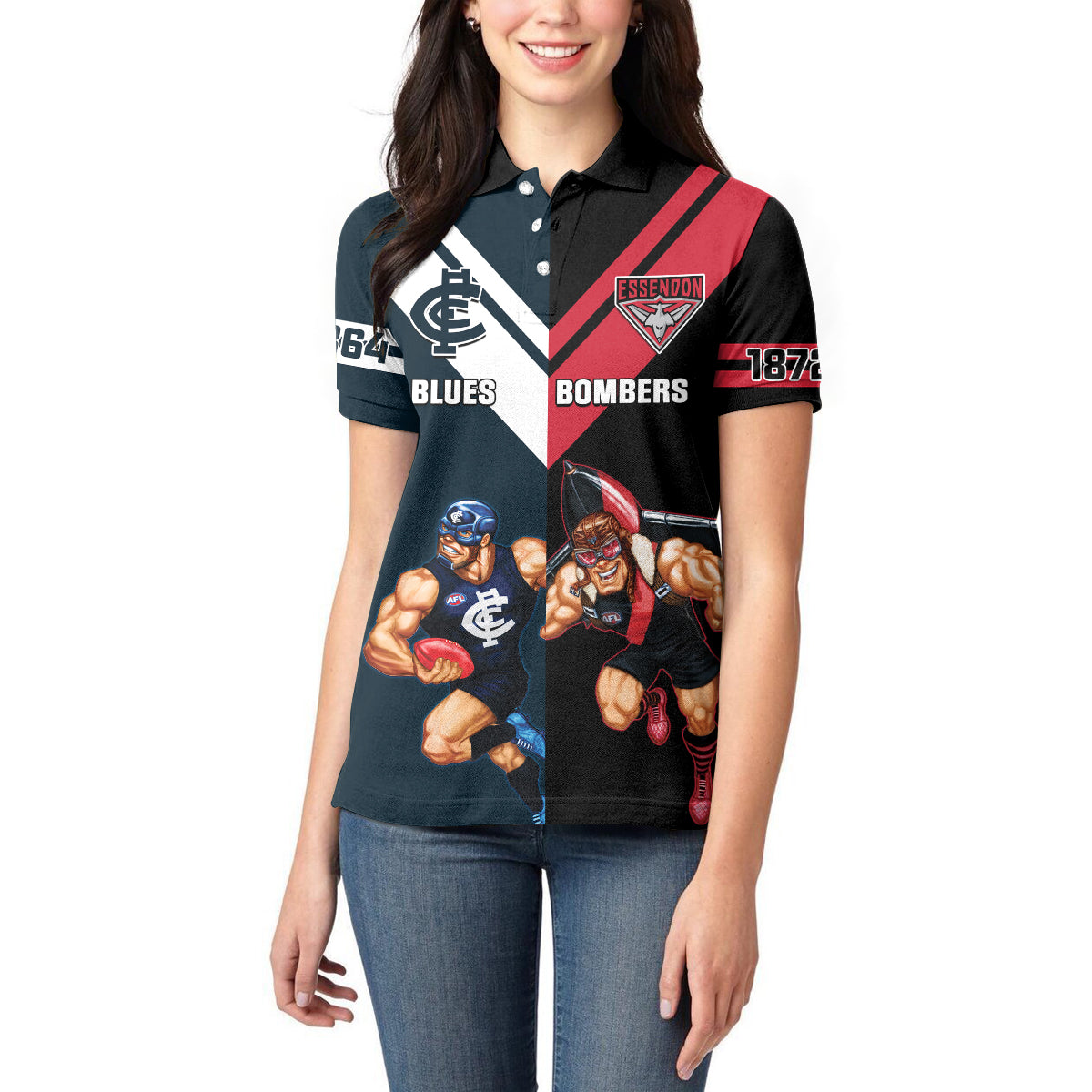 Custom Blues And Bombers Football Women Polo Shirt 2024 Together Sporty