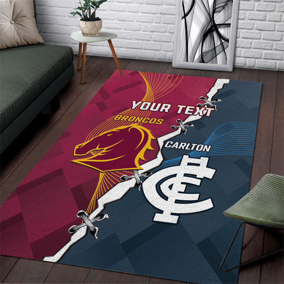 Personalised Broncos Rugby And Carlton Football Area Rug Sporty Version