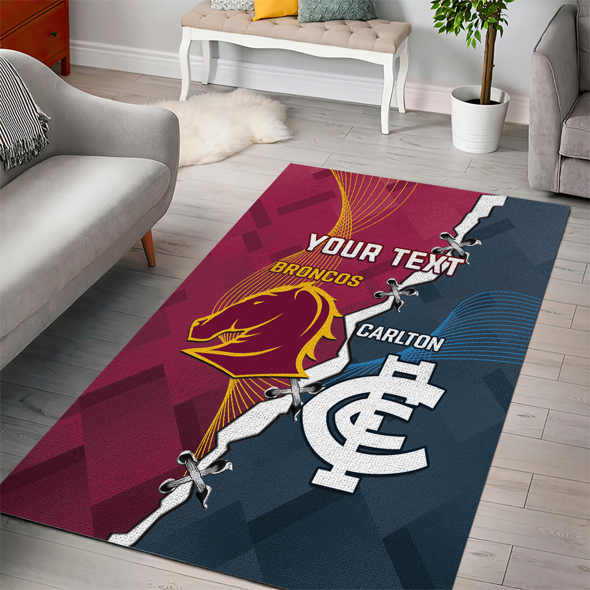 Personalised Broncos Rugby And Carlton Football Area Rug Sporty Version