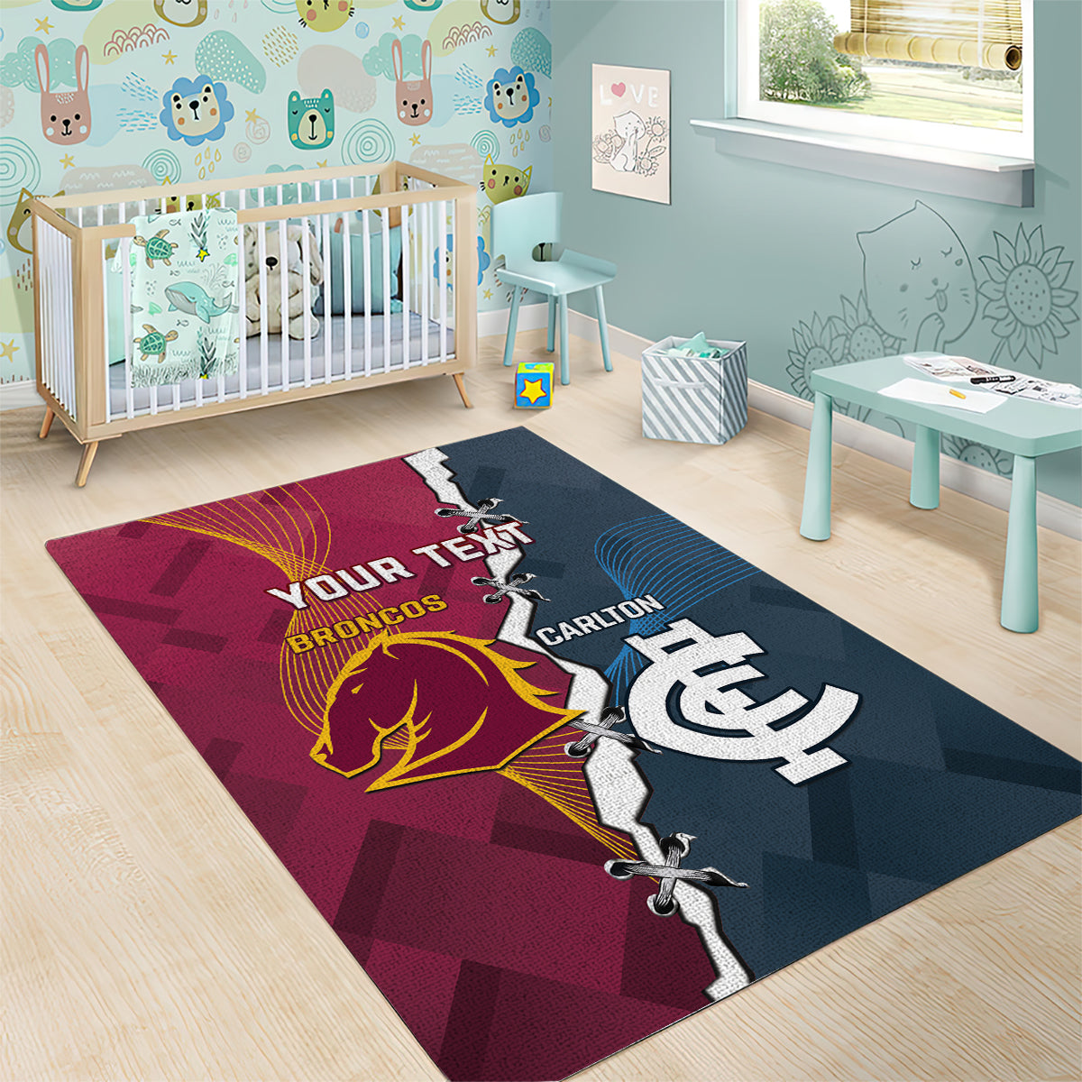 Personalised Broncos Rugby And Carlton Football Area Rug Sporty Version