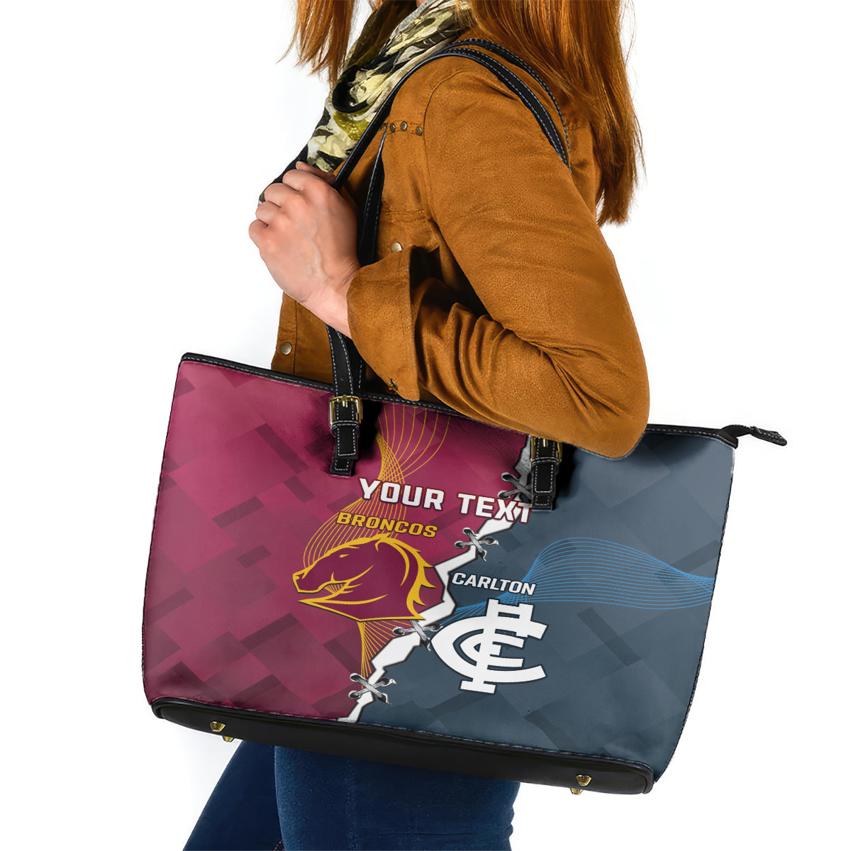 Personalised Broncos Rugby And Carlton Football Leather Tote Bag Sporty Version