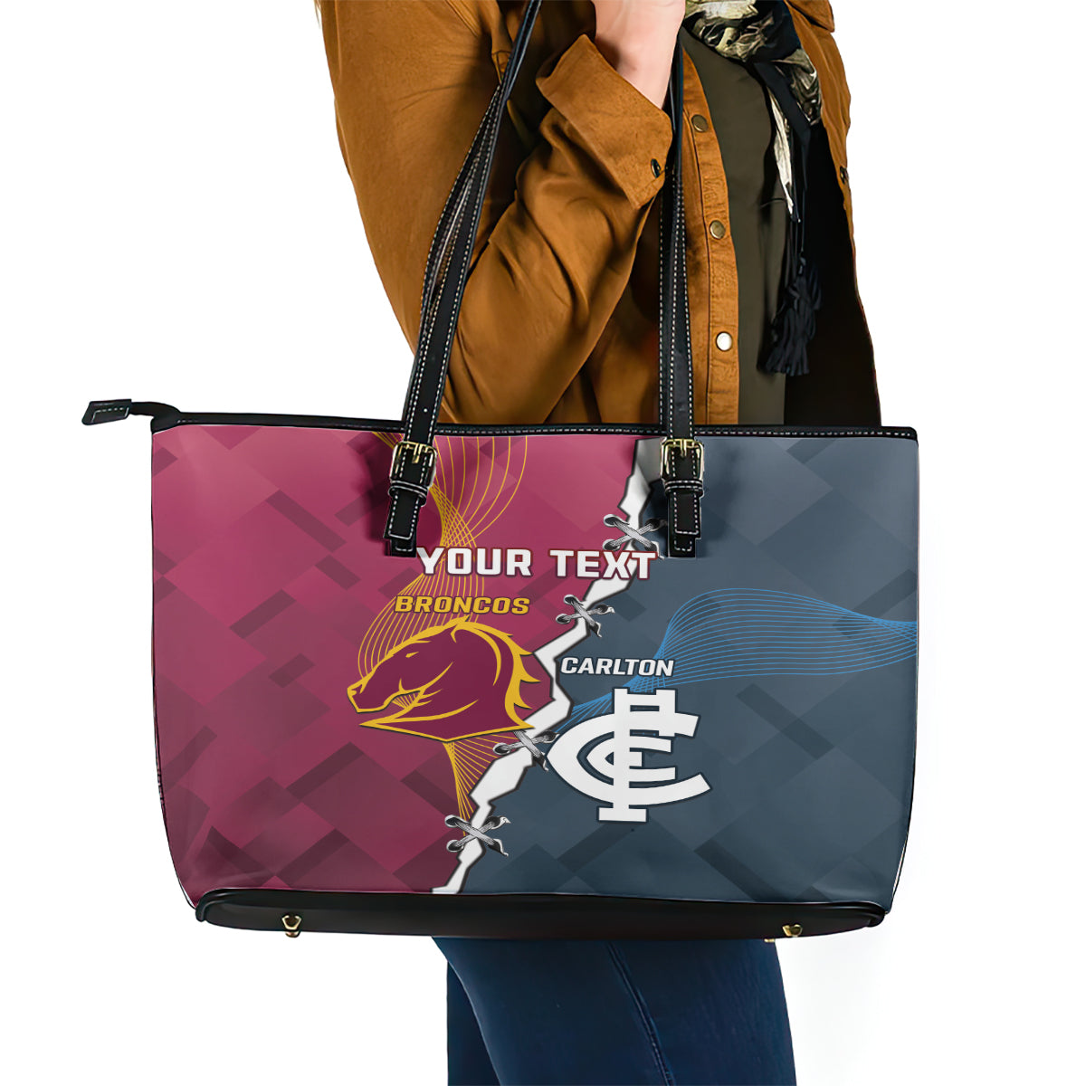 Personalised Broncos Rugby And Carlton Football Leather Tote Bag Sporty Version