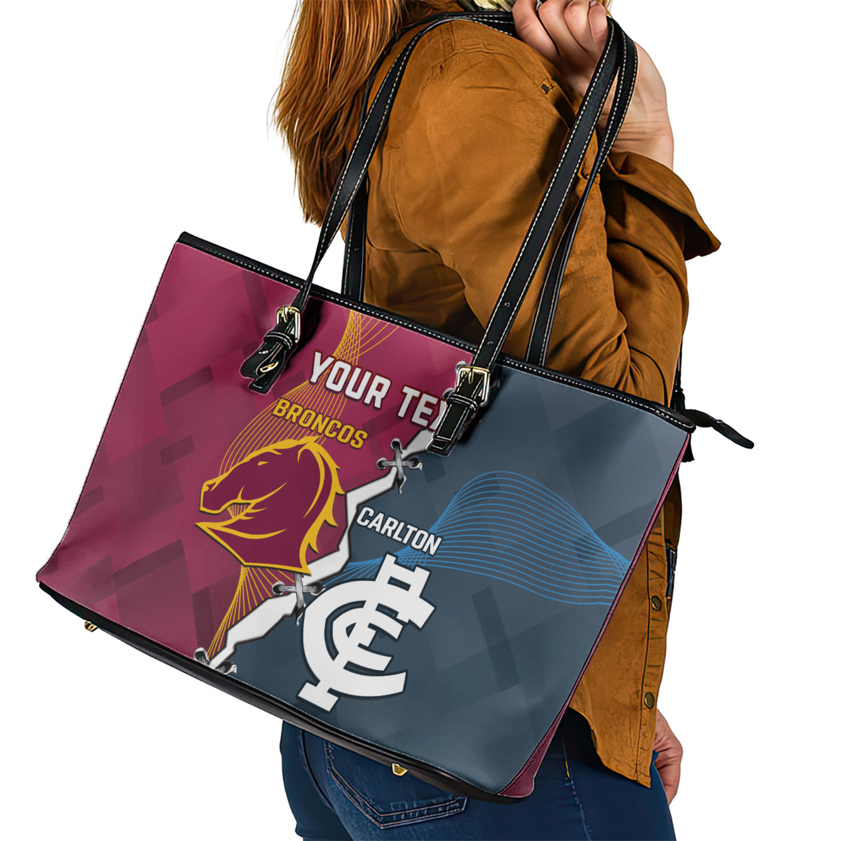 Personalised Broncos Rugby And Carlton Football Leather Tote Bag Sporty Version