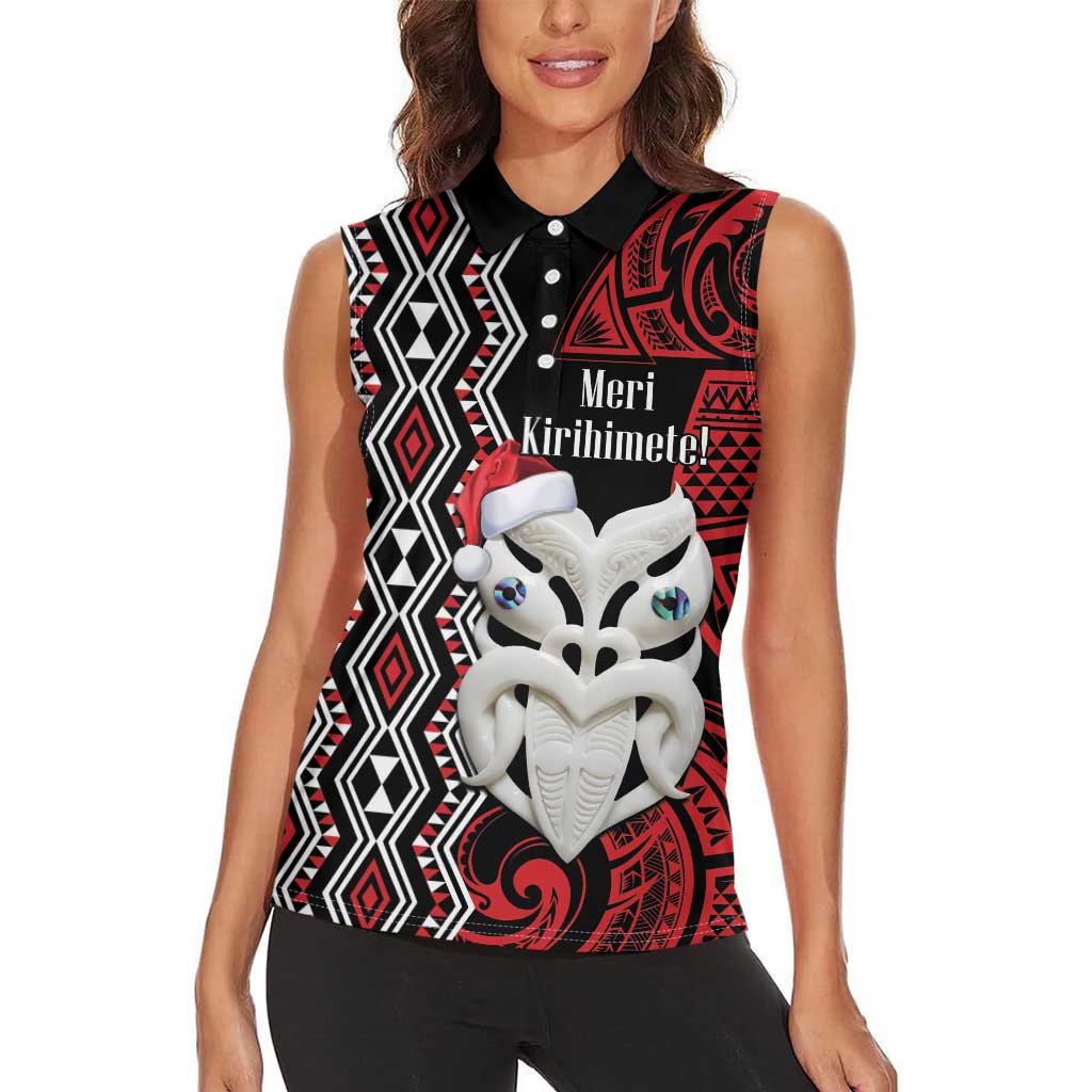 Personalised New Zealand Christmas Women Sleeveless Polo Shirt Meri Kirihimete Maori Wheku - Taniko Art