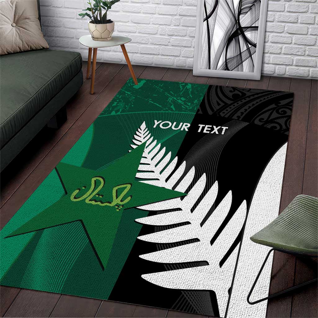 Custom New Zealand And Pakistan Cricket Area Rug 2025 Black Cap Shaheens Together