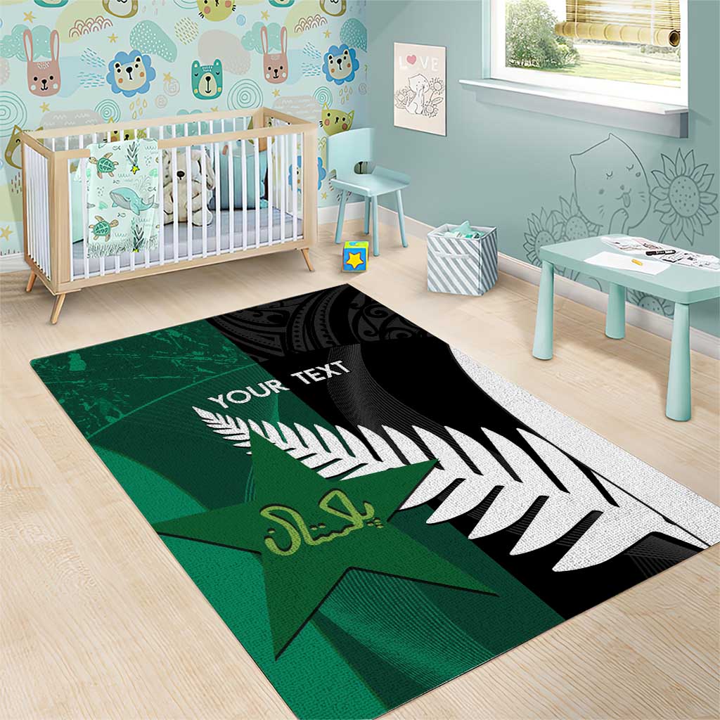 Custom New Zealand And Pakistan Cricket Area Rug 2025 Black Cap Shaheens Together