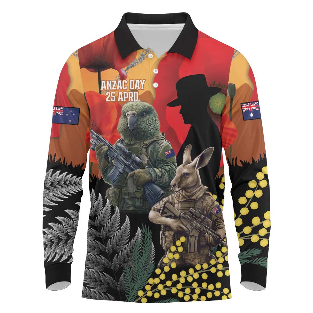 New Zealand and Australia ANZAC Day Long Sleeve Polo Shirt Sliver Fern Kakapo With Golden Wattle Kangaroo