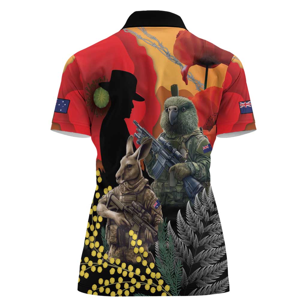 New Zealand and Australia ANZAC Day Women Polo Shirt Sliver Fern Kakapo With Golden Wattle Kangaroo