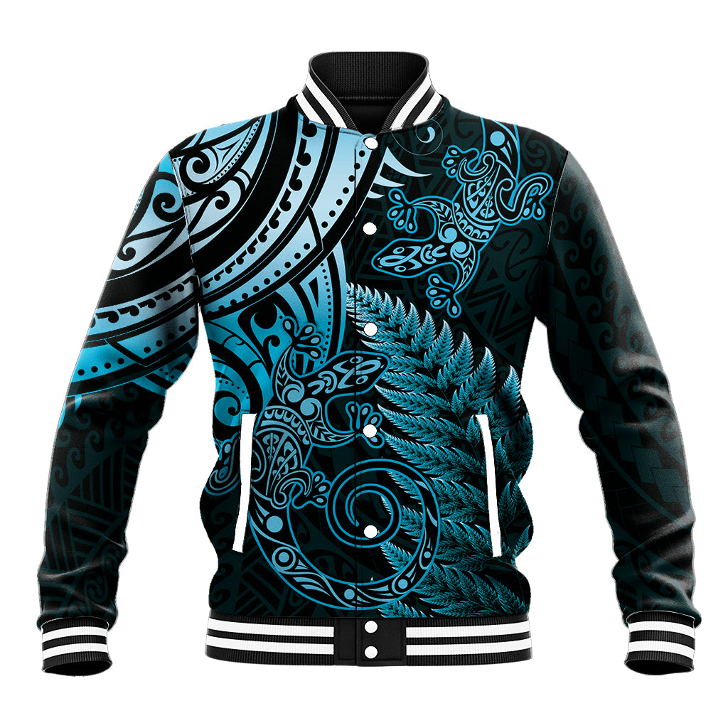 New Zealand Lizard Baseball Jacket Silver Fern Aotearoa Maori Blue Version