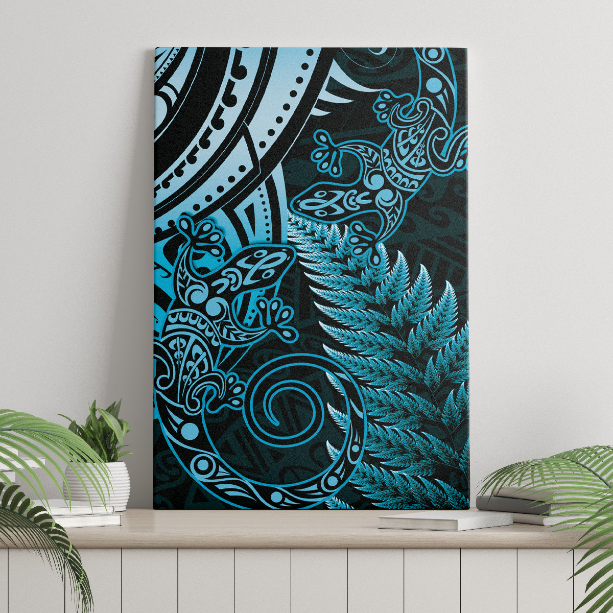 New Zealand Lizard Canvas Wall Art Silver Fern Aotearoa Maori Blue Version