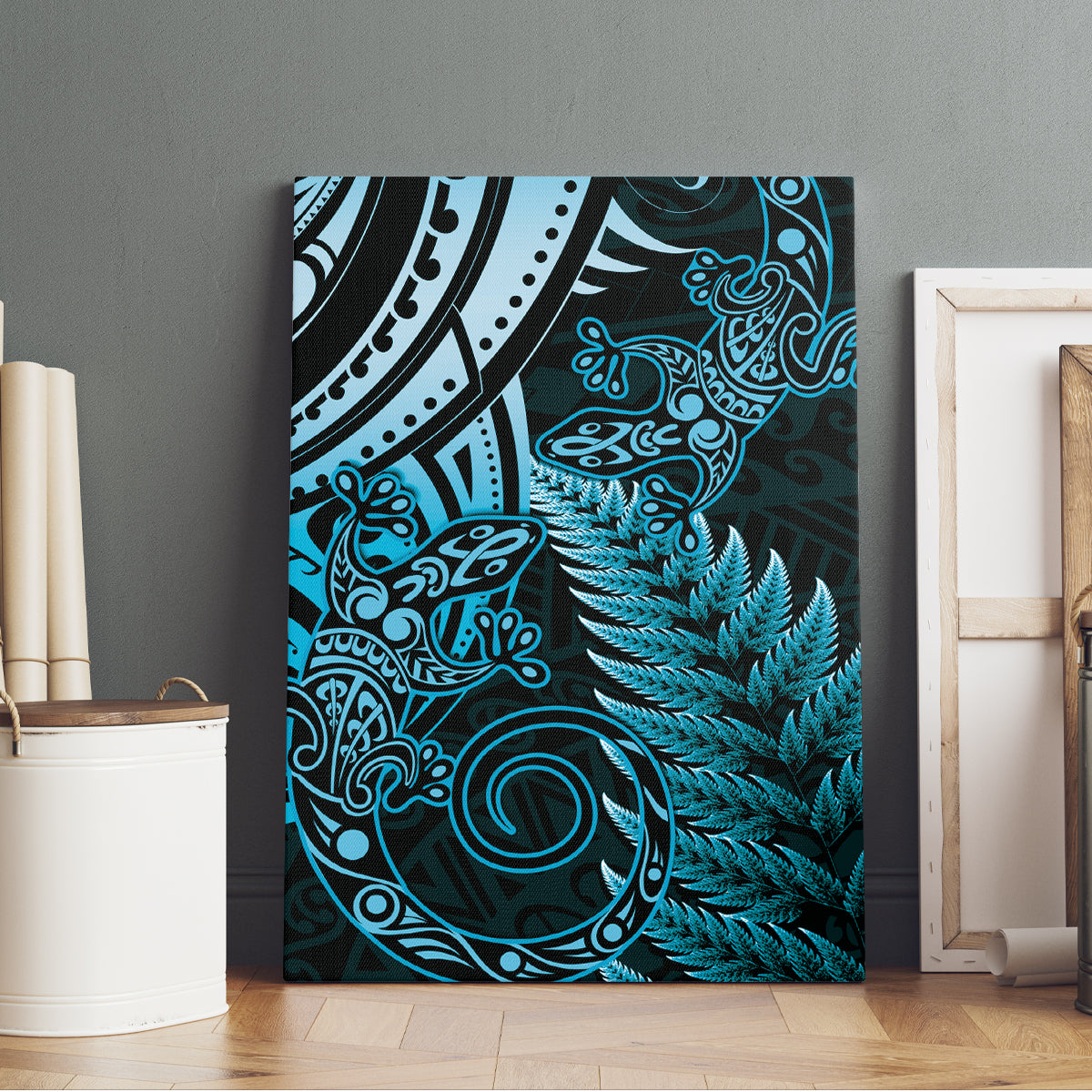 New Zealand Lizard Canvas Wall Art Silver Fern Aotearoa Maori Blue Version