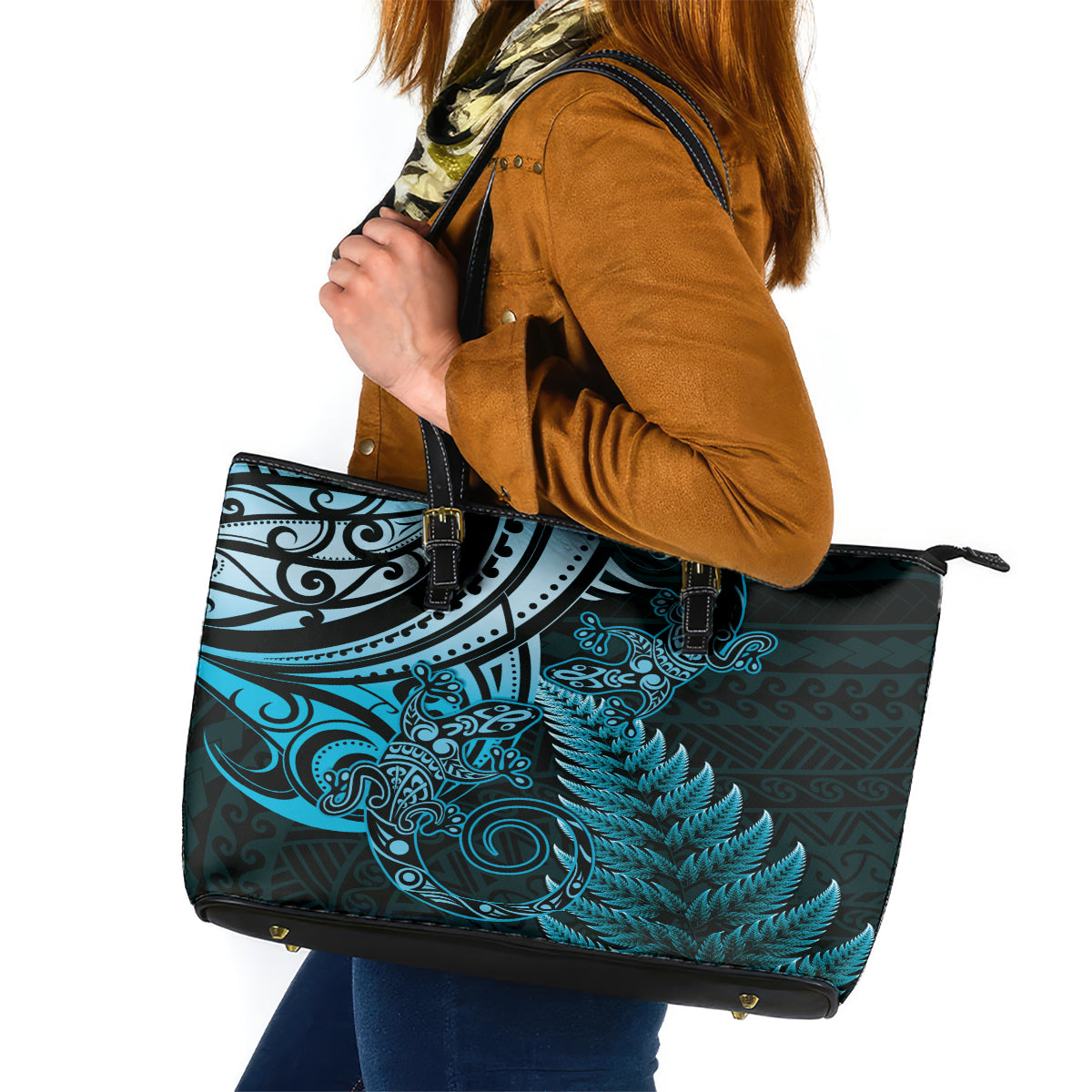 New Zealand Lizard Leather Tote Bag Silver Fern Aotearoa Maori Blue Version