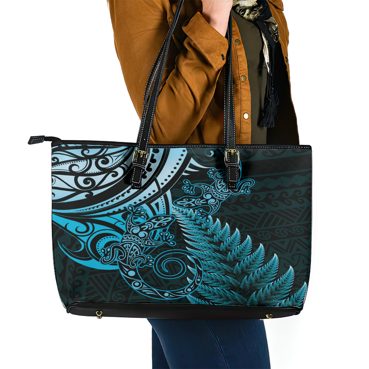 New Zealand Lizard Leather Tote Bag Silver Fern Aotearoa Maori Blue Version