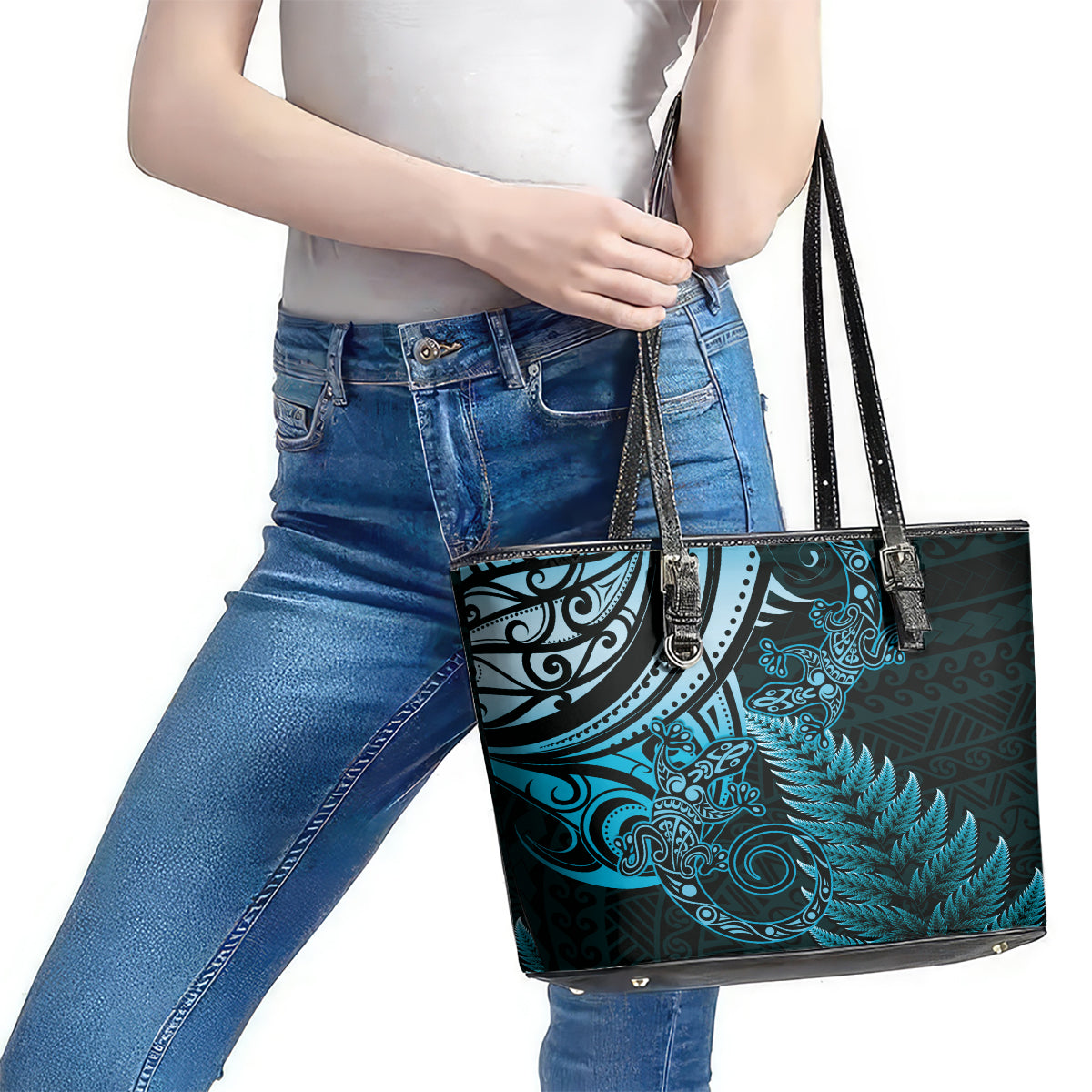 New Zealand Lizard Leather Tote Bag Silver Fern Aotearoa Maori Blue Version