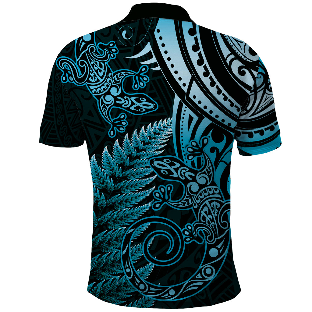 New Zealand Lizard Polo Shirt Silver Fern Aotearoa Maori Blue Version