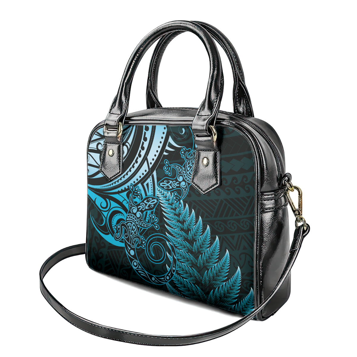 New Zealand Lizard Shoulder Handbag Silver Fern Aotearoa Maori Blue Version