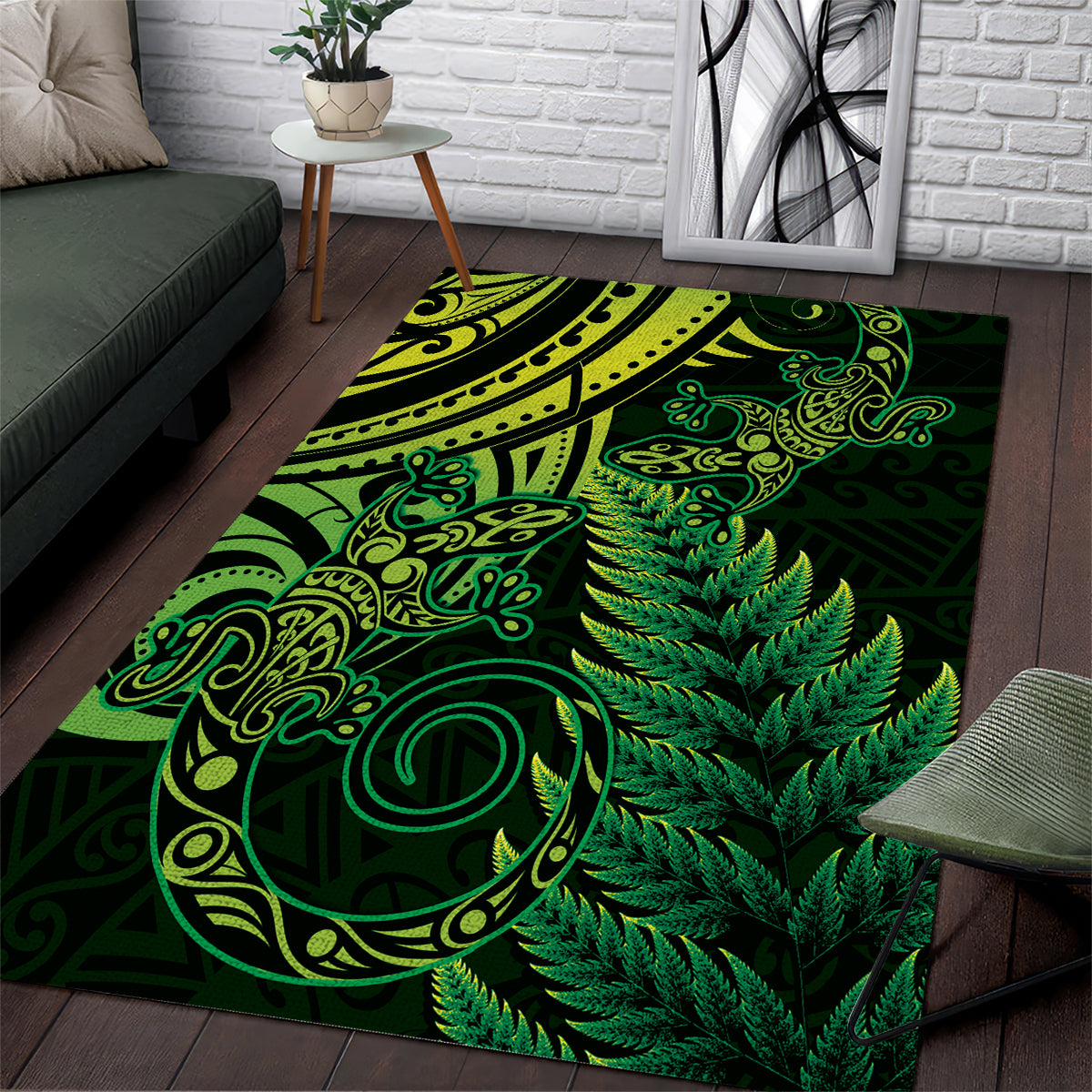 New Zealand Lizard Area Rug Silver Fern Aotearoa Maori Green Version