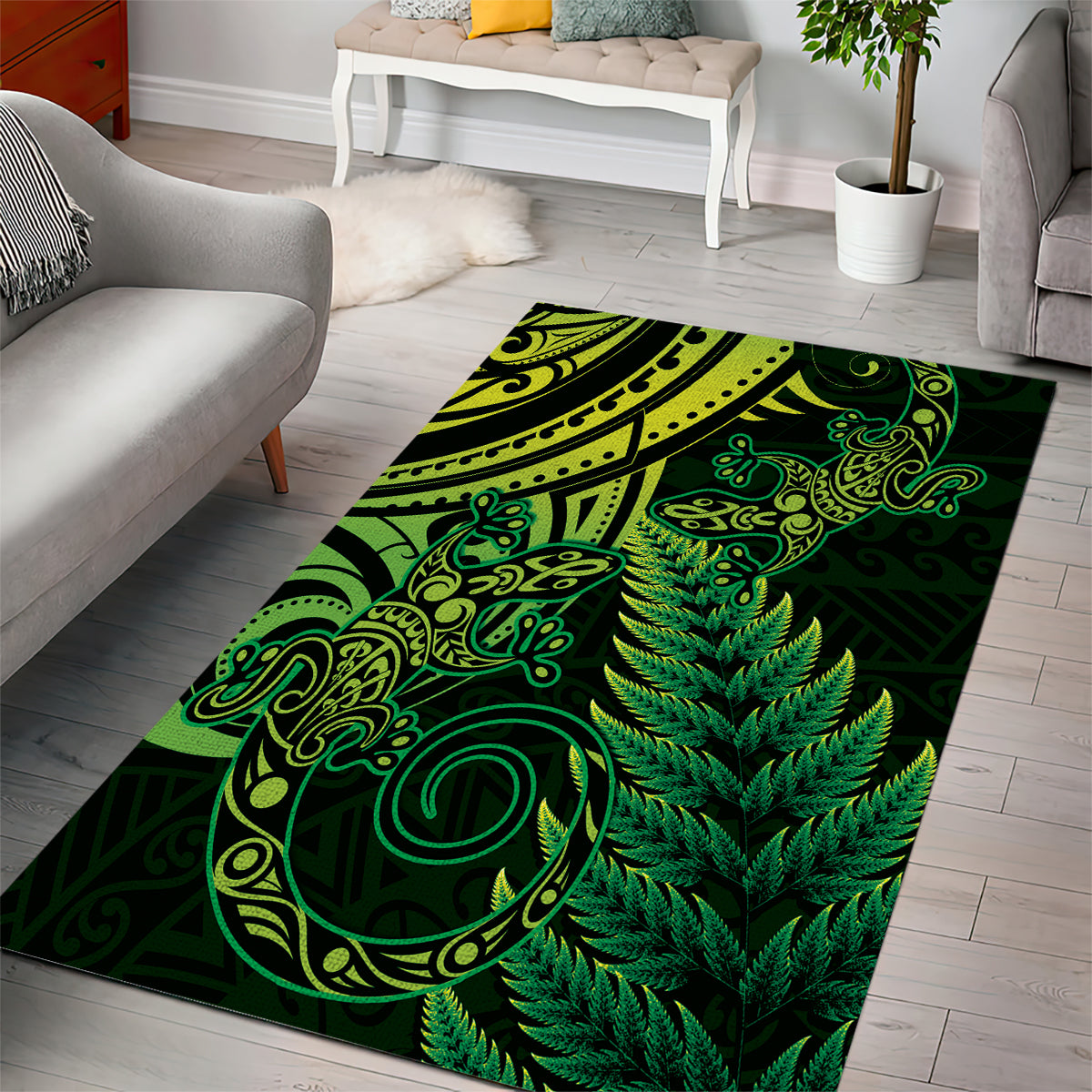 New Zealand Lizard Area Rug Silver Fern Aotearoa Maori Green Version