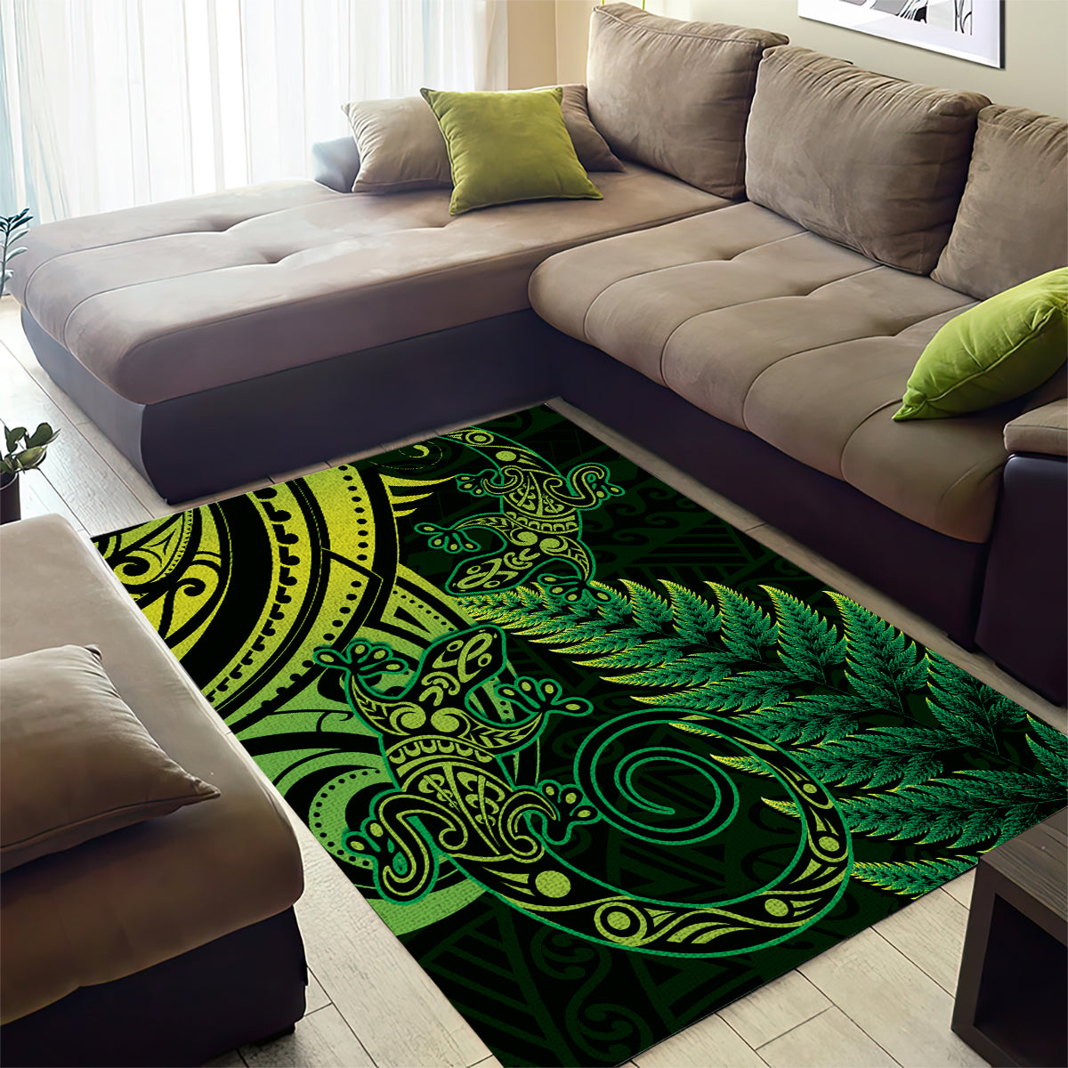 New Zealand Lizard Area Rug Silver Fern Aotearoa Maori Green Version