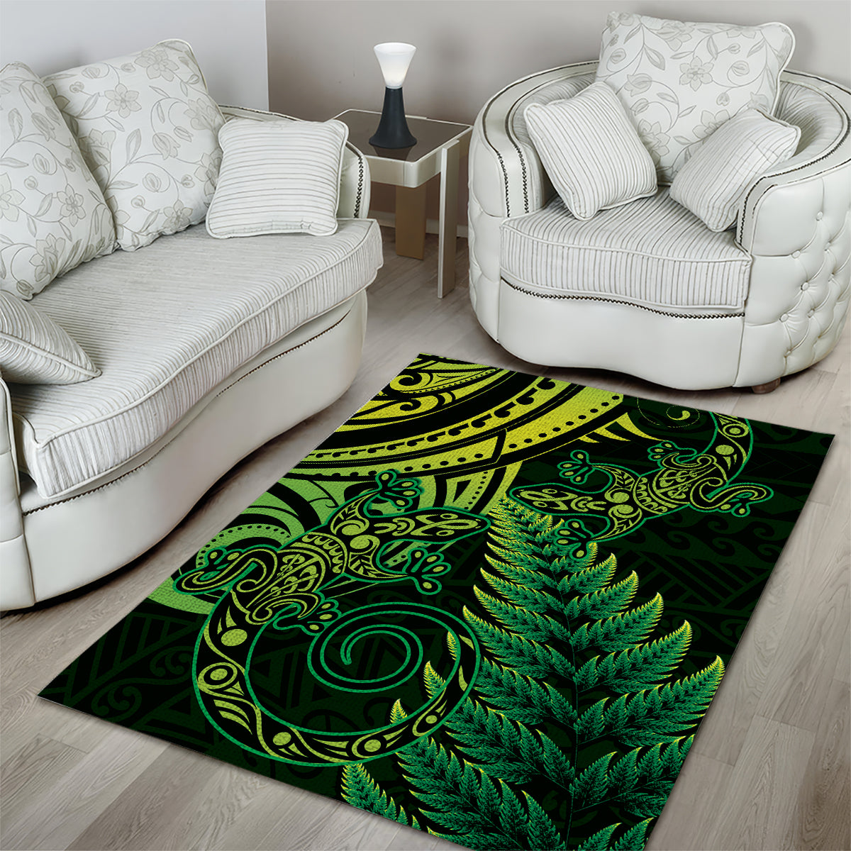 New Zealand Lizard Area Rug Silver Fern Aotearoa Maori Green Version