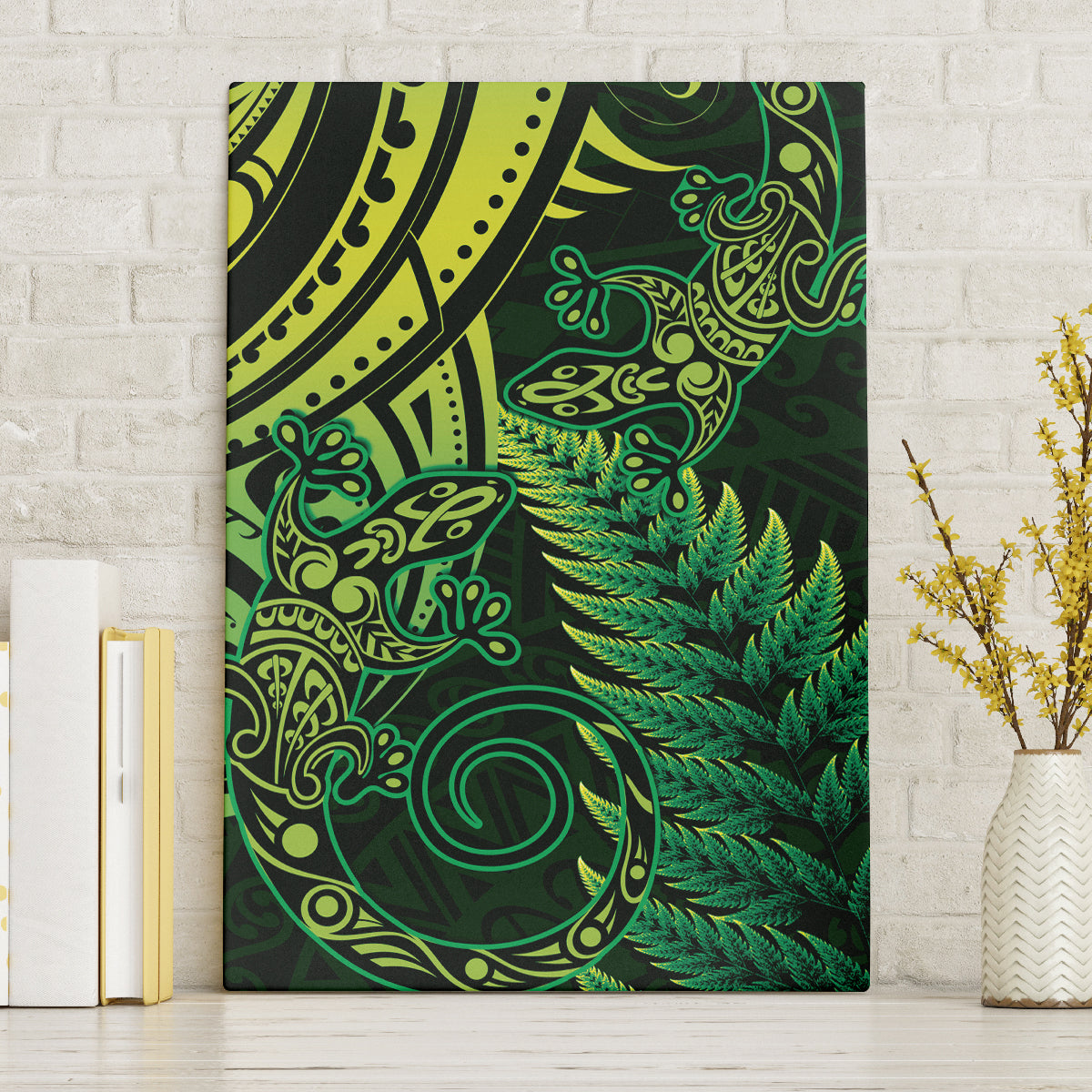 New Zealand Lizard Canvas Wall Art Silver Fern Aotearoa Maori Green Version