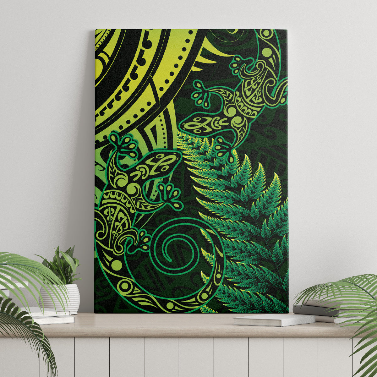 New Zealand Lizard Canvas Wall Art Silver Fern Aotearoa Maori Green Version