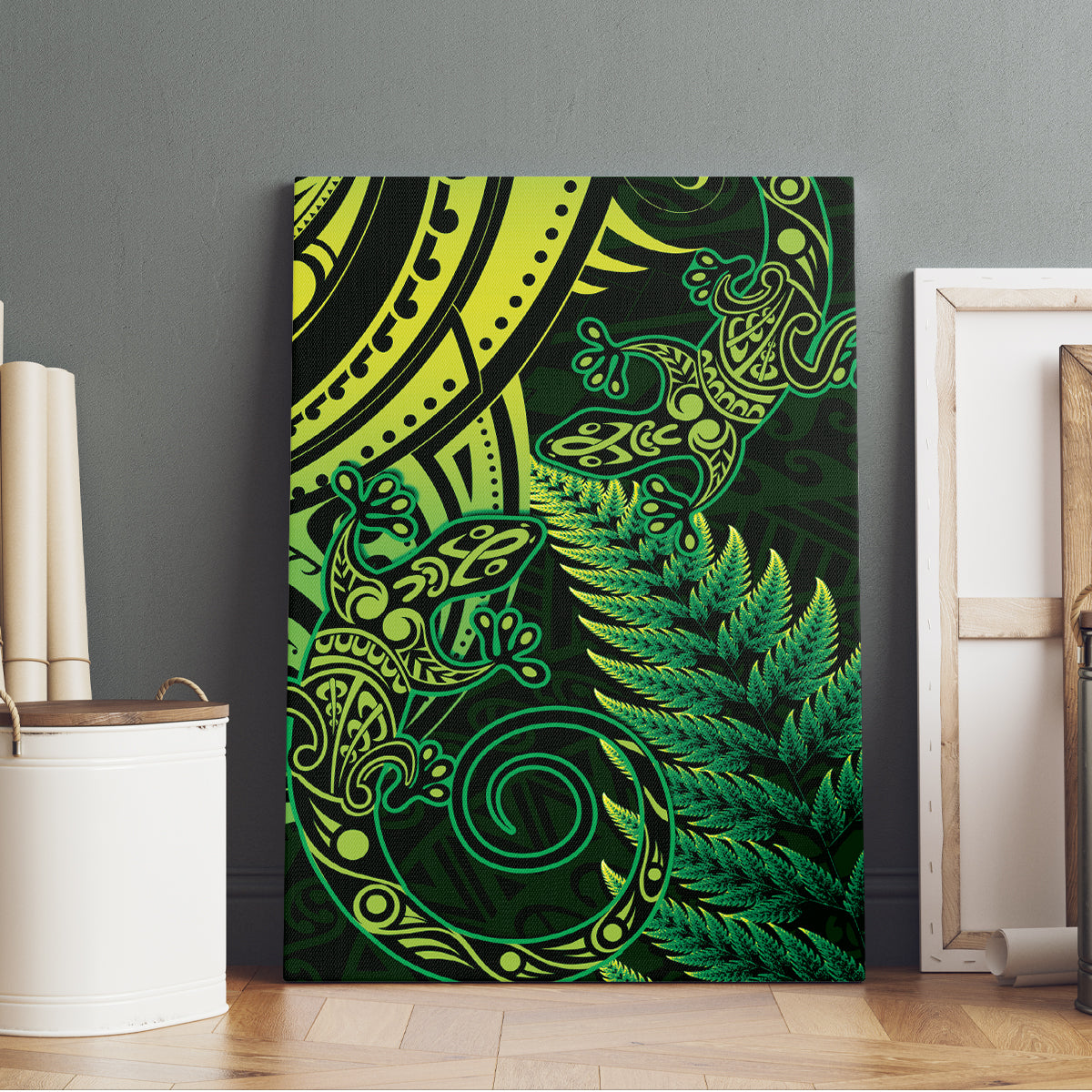 New Zealand Lizard Canvas Wall Art Silver Fern Aotearoa Maori Green Version