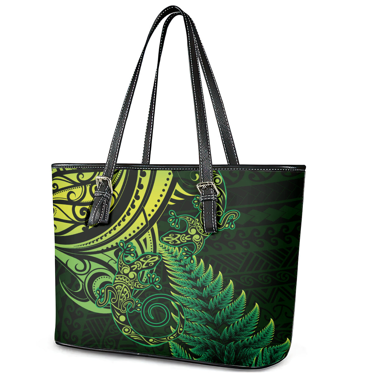 New Zealand Lizard Leather Tote Bag Silver Fern Aotearoa Maori Green Version