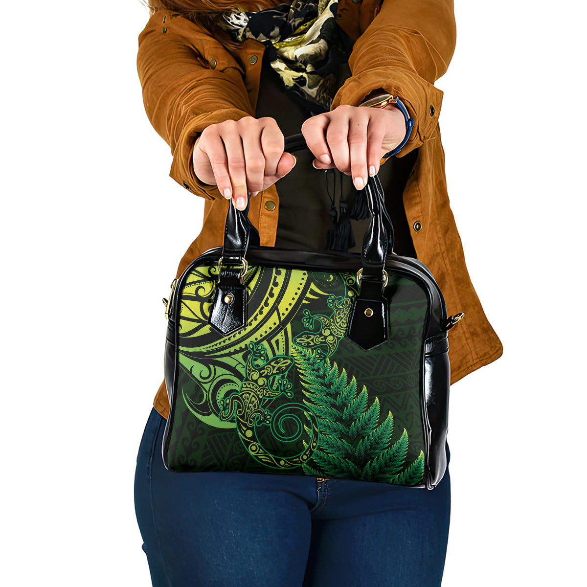 New Zealand Lizard Shoulder Handbag Silver Fern Aotearoa Maori Green Version