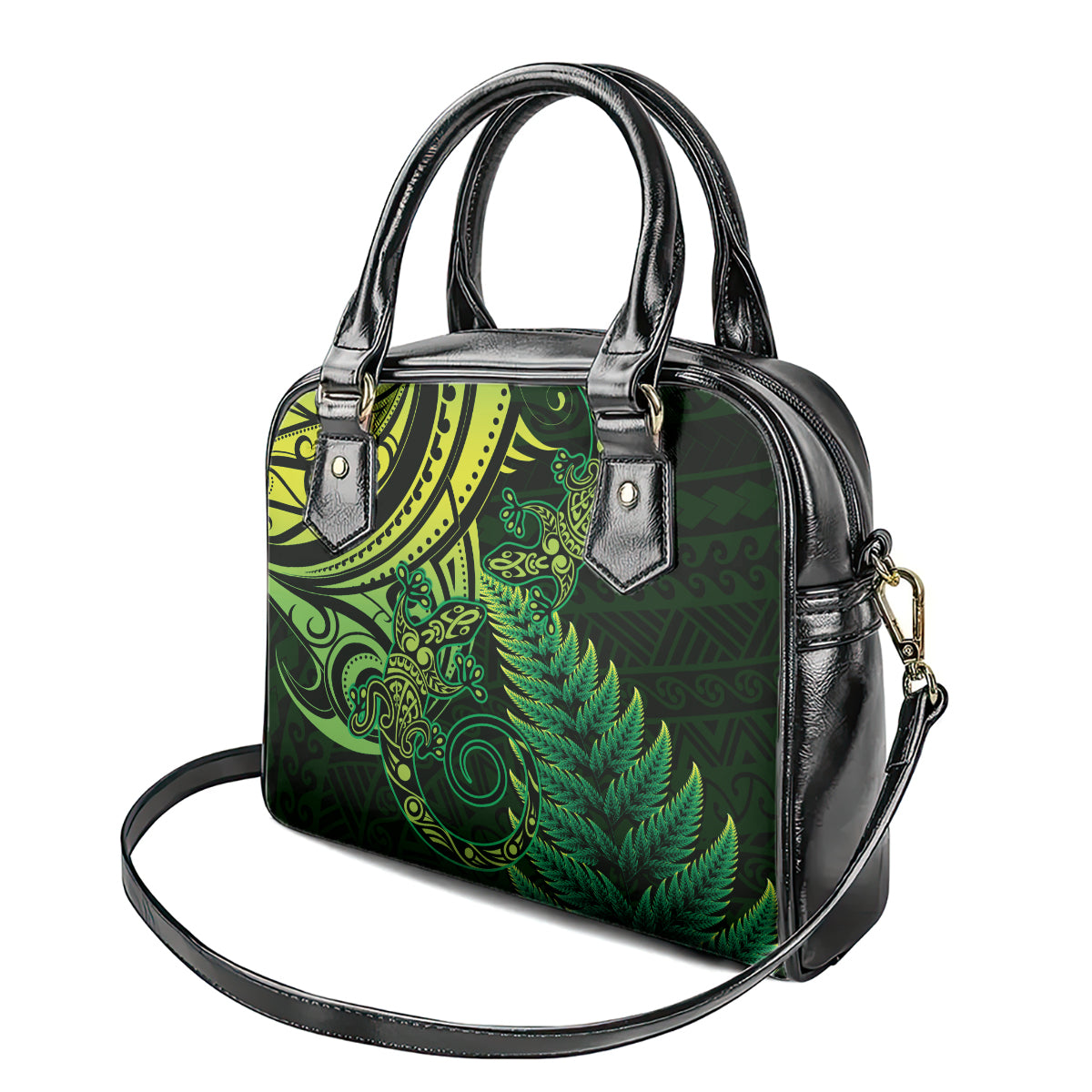 New Zealand Lizard Shoulder Handbag Silver Fern Aotearoa Maori Green Version