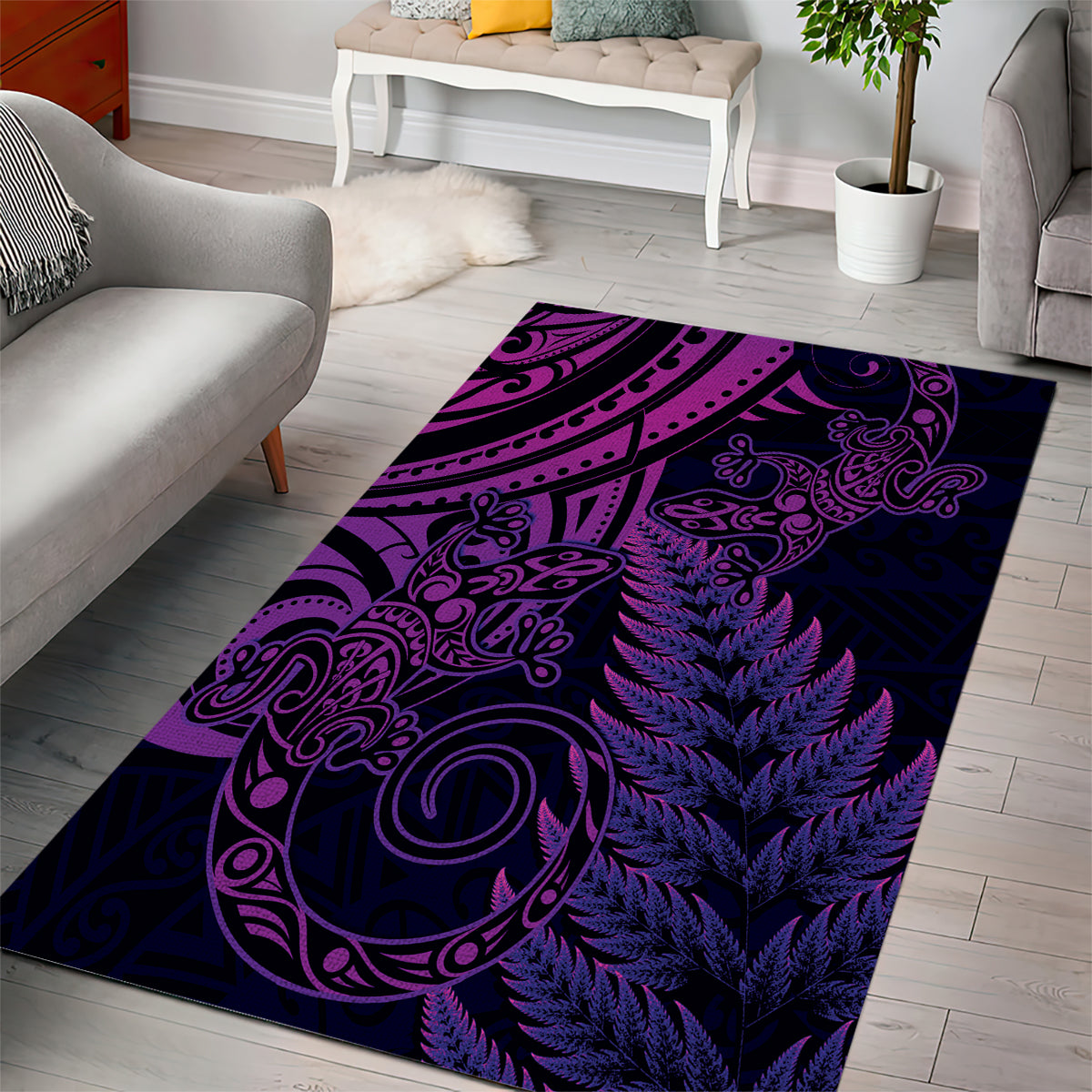 New Zealand Lizard Area Rug Silver Fern Aotearoa Maori Purple Version