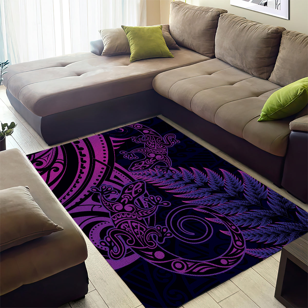 New Zealand Lizard Area Rug Silver Fern Aotearoa Maori Purple Version