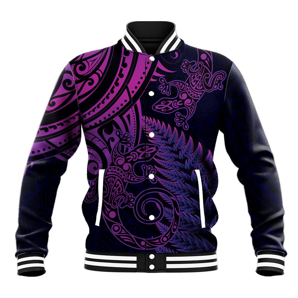 New Zealand Lizard Baseball Jacket Silver Fern Aotearoa Maori Purple Version