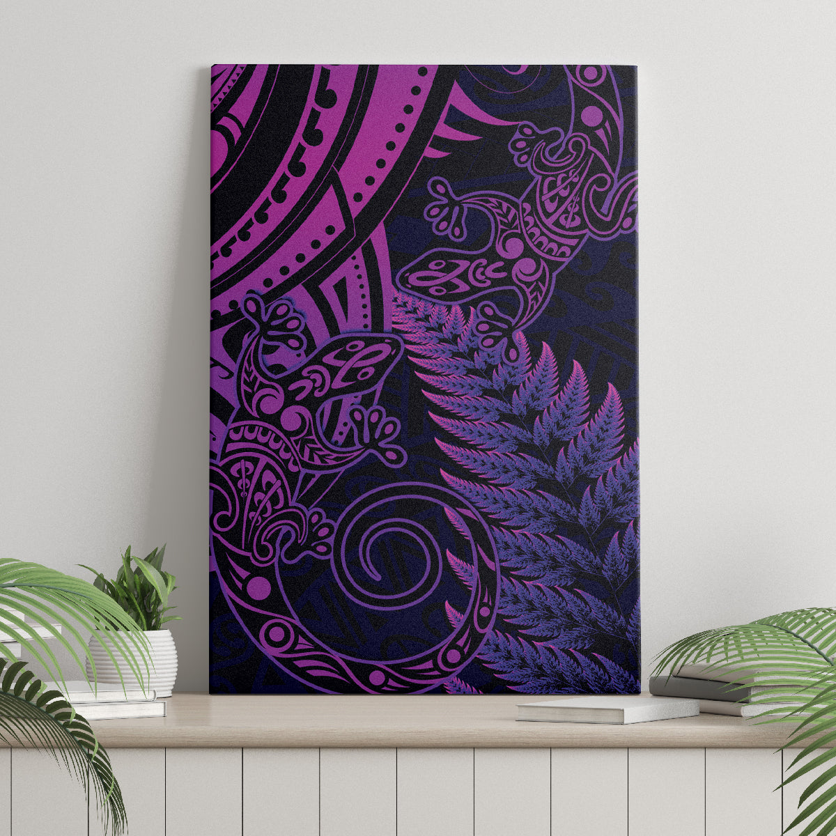 New Zealand Lizard Canvas Wall Art Silver Fern Aotearoa Maori Purple Version