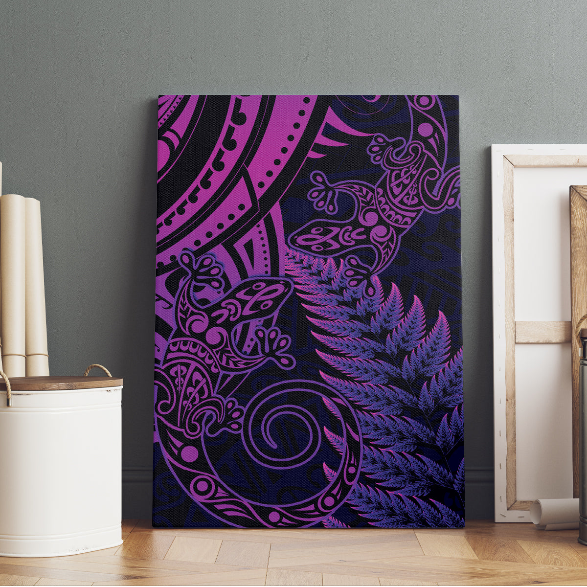 New Zealand Lizard Canvas Wall Art Silver Fern Aotearoa Maori Purple Version