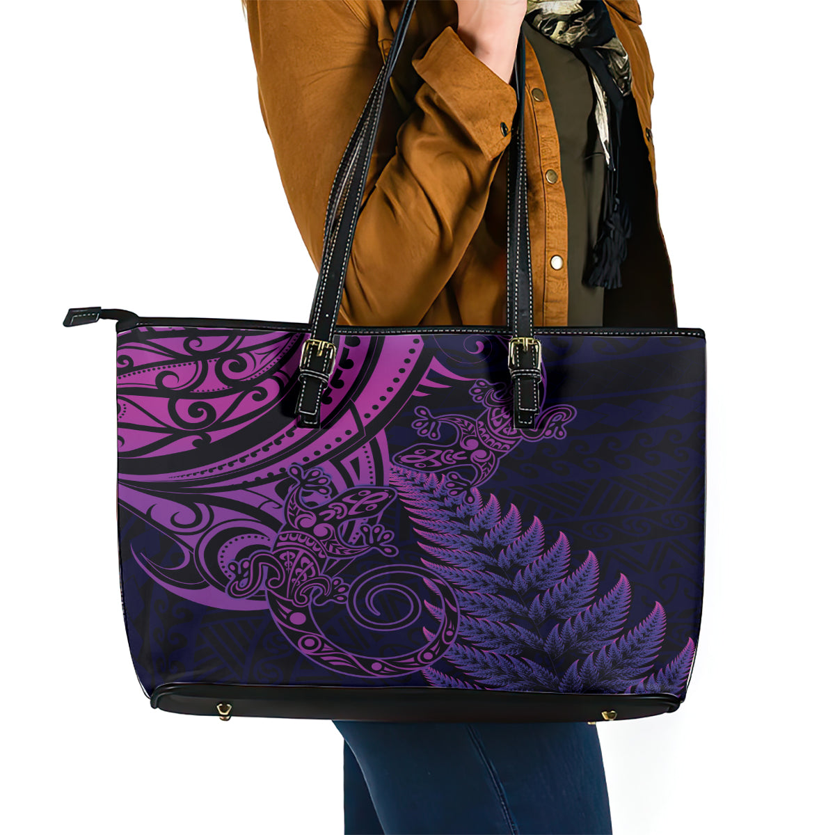 New Zealand Lizard Leather Tote Bag Silver Fern Aotearoa Maori Purple Version