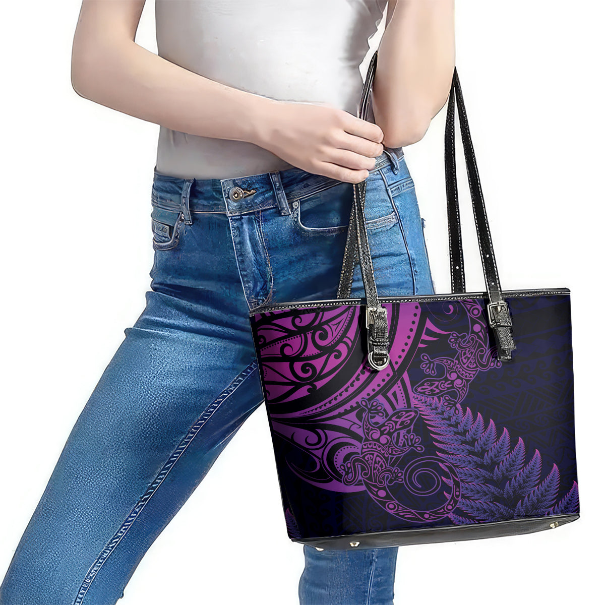 New Zealand Lizard Leather Tote Bag Silver Fern Aotearoa Maori Purple Version