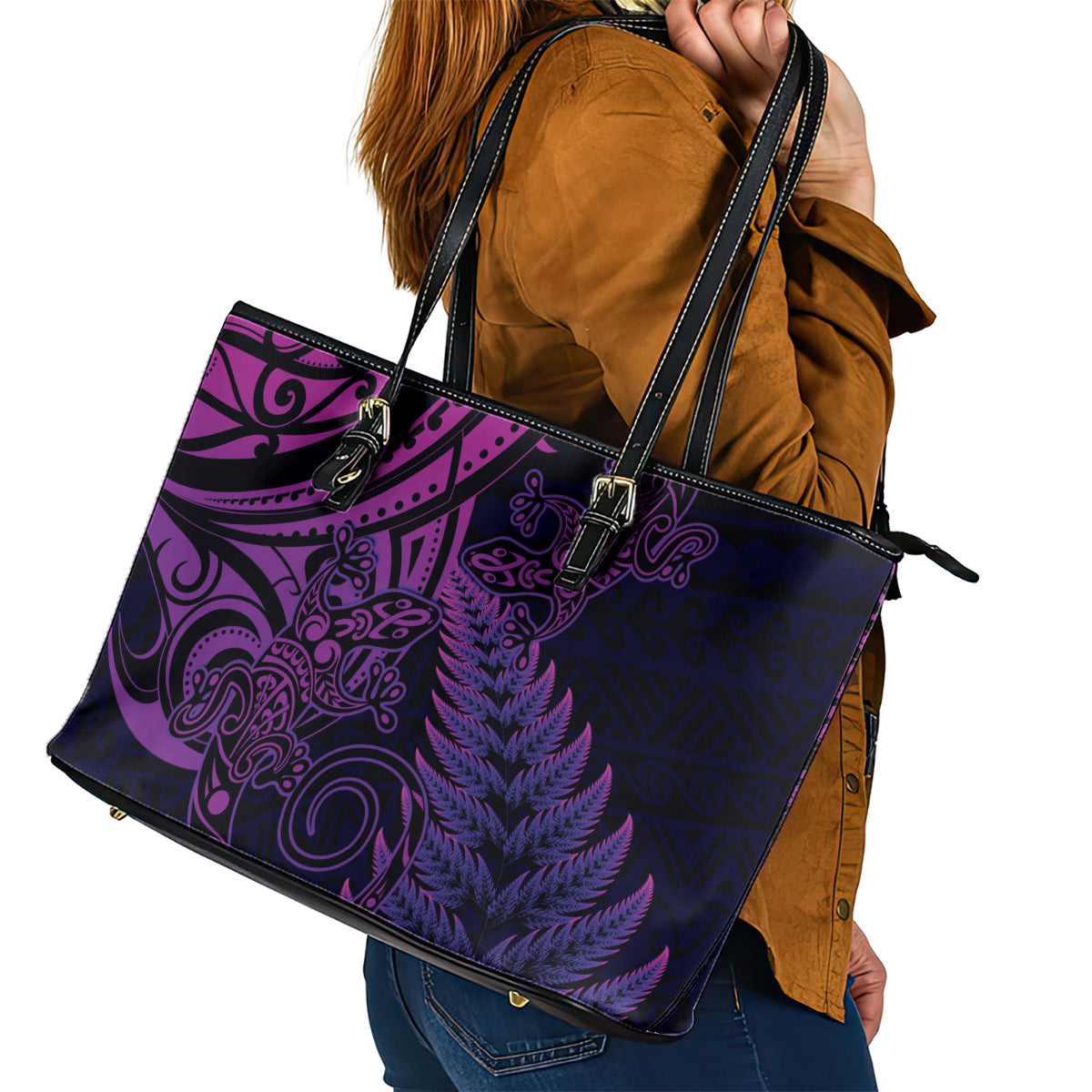 New Zealand Lizard Leather Tote Bag Silver Fern Aotearoa Maori Purple Version