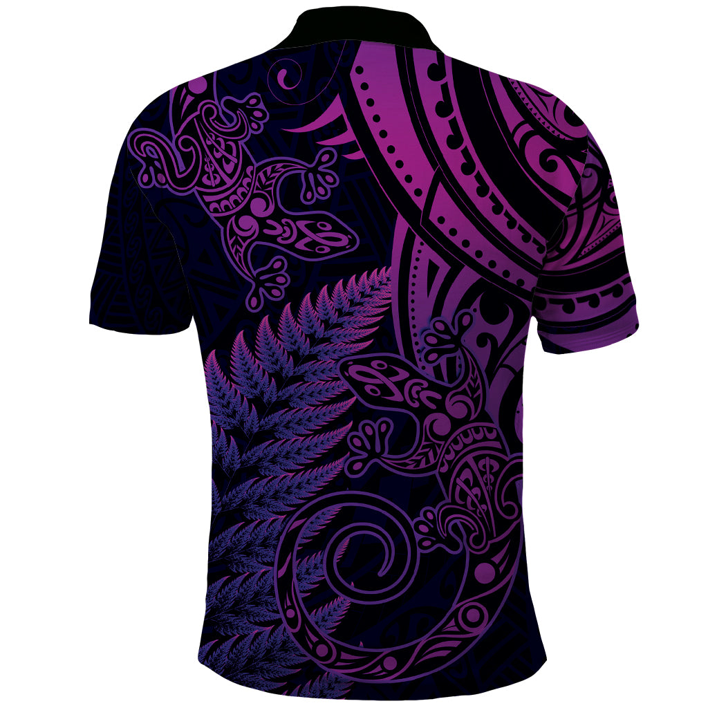 New Zealand Lizard Polo Shirt Silver Fern Aotearoa Maori Purple Version