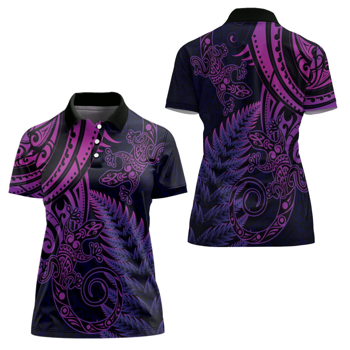 New Zealand Lizard Women Polo Shirt Silver Fern Aotearoa Maori Purple Version