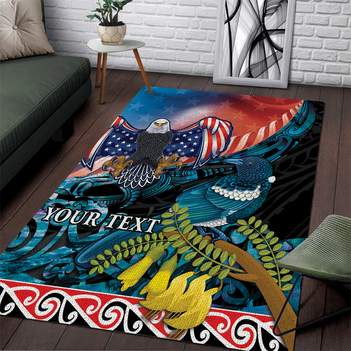 Personalised United States And New Zealand Area Rug USA Eagle With Kowhai Aotearoa Tui Bird