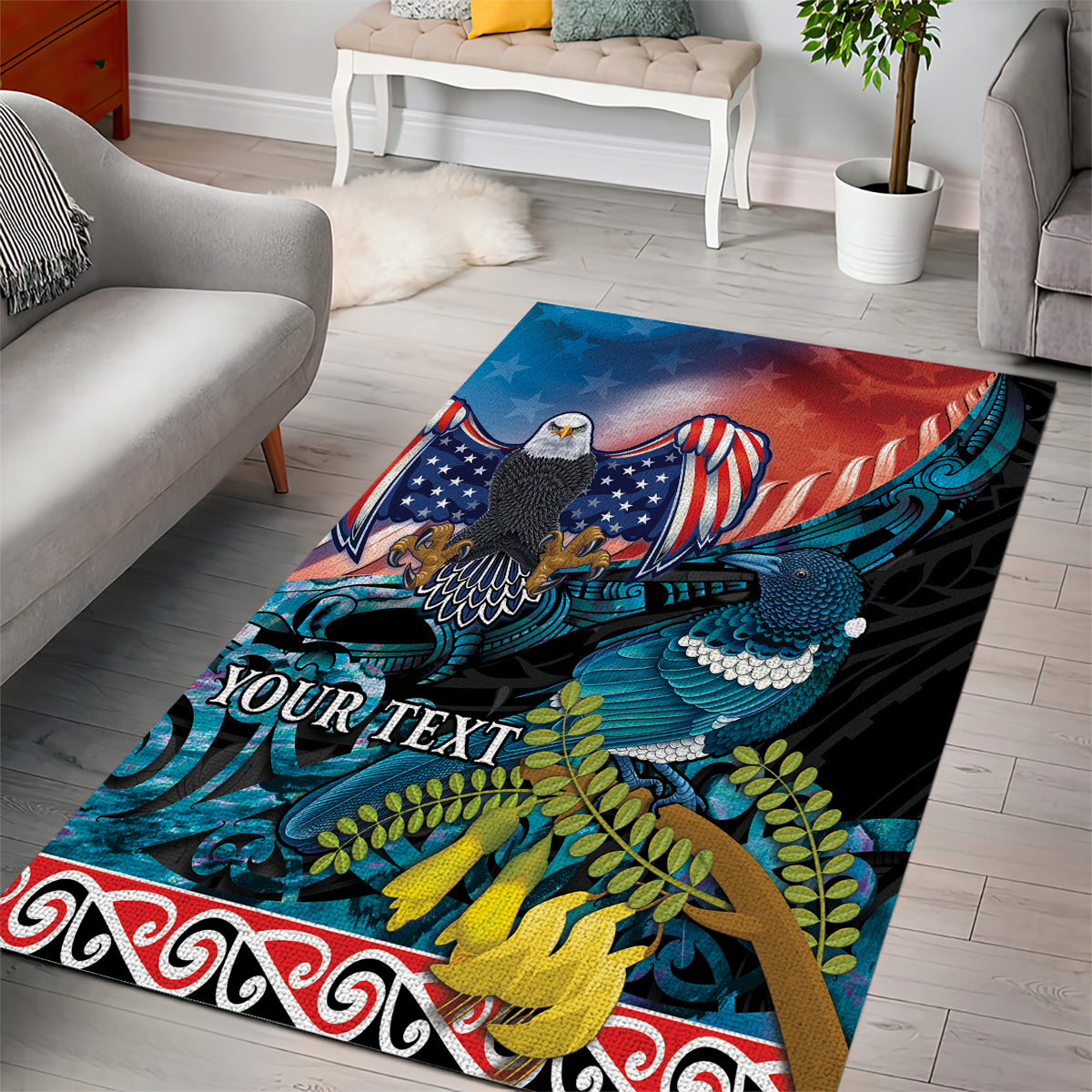 Personalised United States And New Zealand Area Rug USA Eagle With Kowhai Aotearoa Tui Bird