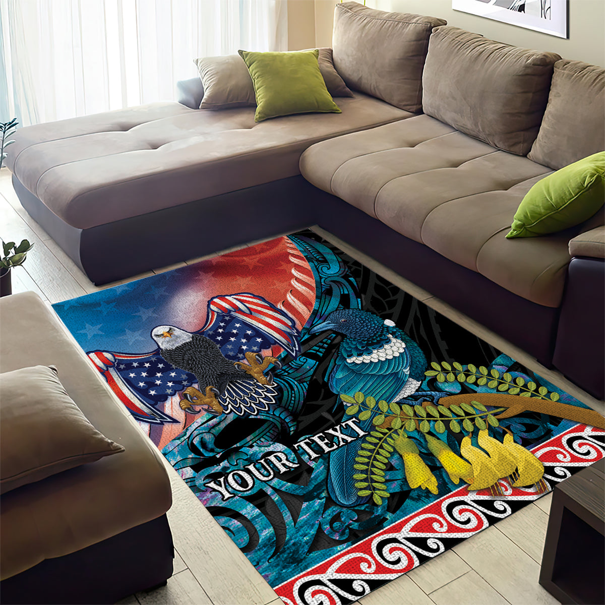 Personalised United States And New Zealand Area Rug USA Eagle With Kowhai Aotearoa Tui Bird