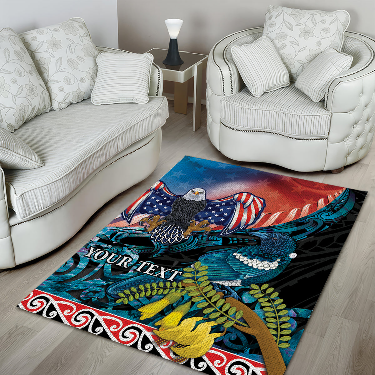 Personalised United States And New Zealand Area Rug USA Eagle With Kowhai Aotearoa Tui Bird