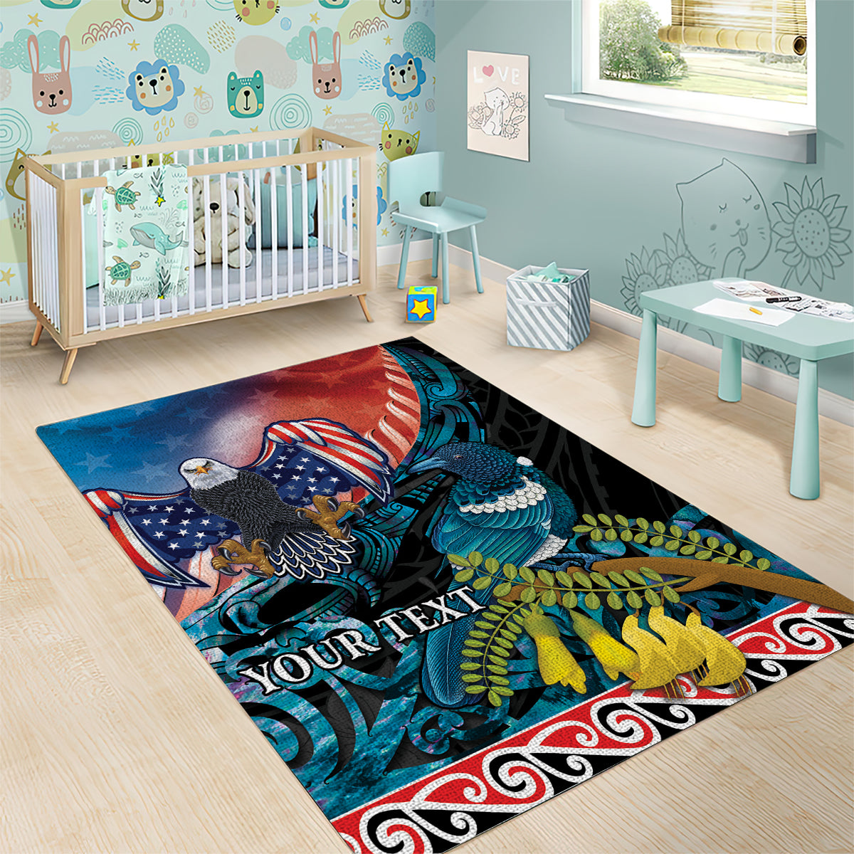 Personalised United States And New Zealand Area Rug USA Eagle With Kowhai Aotearoa Tui Bird