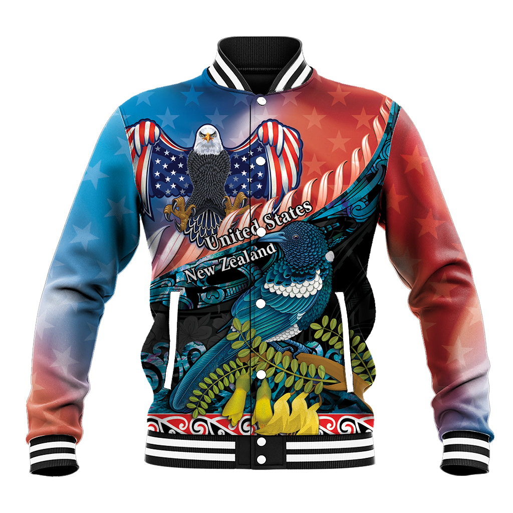 Personalised United States And New Zealand Baseball Jacket USA Eagle With Kowhai Aotearoa Tui Bird